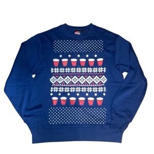 Ugly Christmas Crewneck Sweater Pullover Beer-Pong Cups Blue Snowflake Size S-M